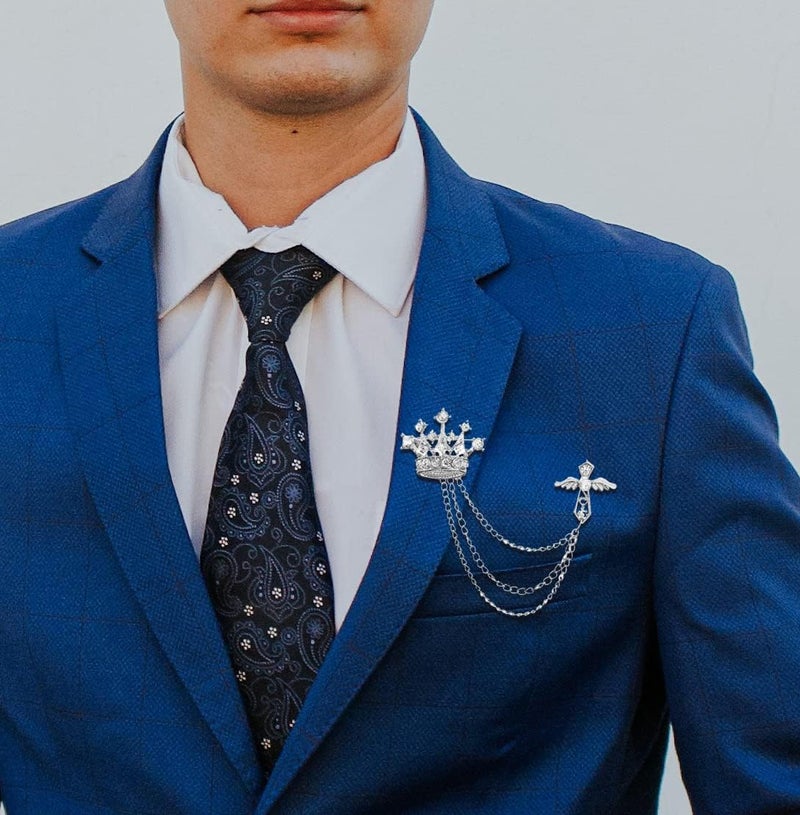 Uarein Cross Crown Long Chain Brooch, Rhinestone Tassel Brooch Pin,Retro Crystal Suit Pins Collar Pin,Coat Tassel Chain Lapel Pins for Men's Suit Accessories - Image 2